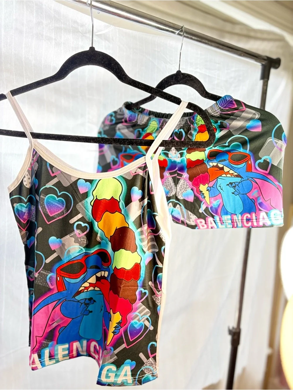 Balenciaga Black Multicolor Cartoon Print Tank & Shorts Set